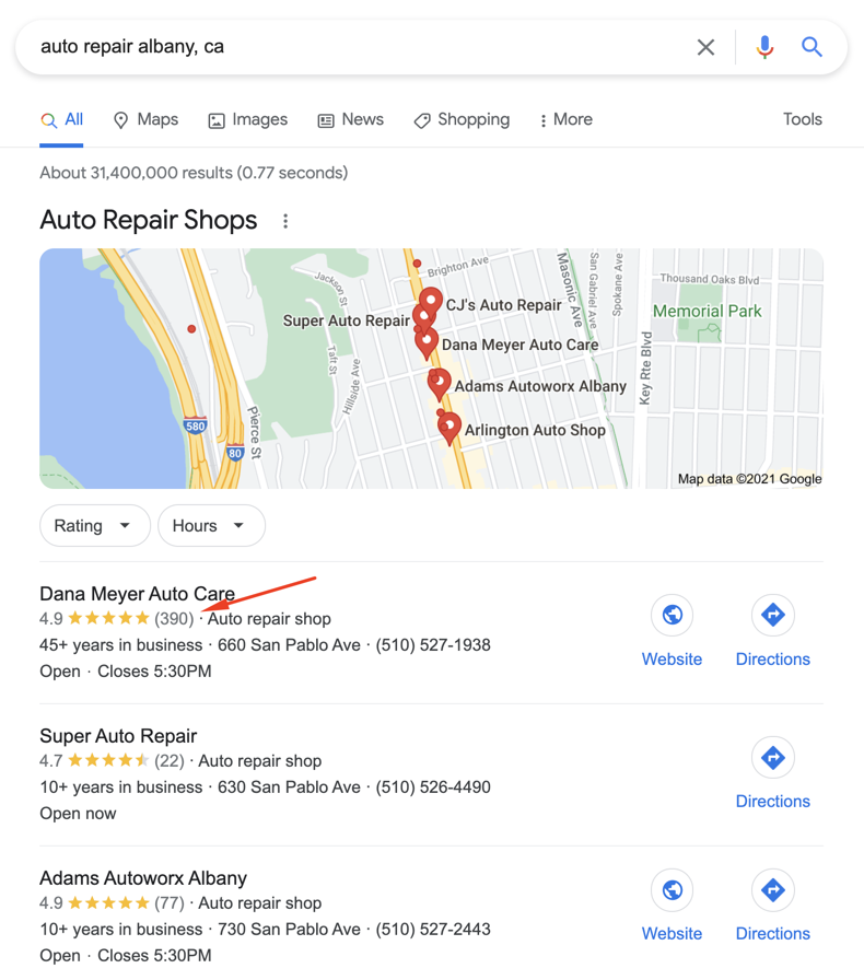 Google My Business Local Search Result - Auto Repair Albany, CA